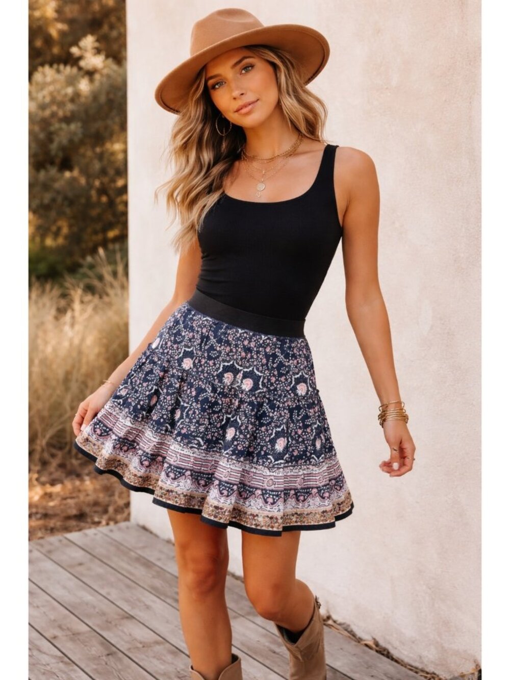 Free People Boho Tiered Mini Skirt Embroidered Coin Trim Hem Navy Blue,Pink L